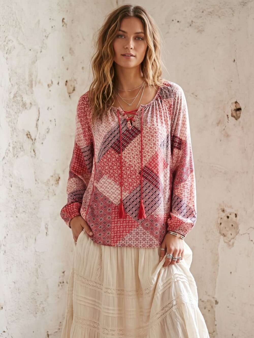 Ruff Hewn Pink Patchwork Peasant Top‎ Tassel Boho Festival Flowy LS Cottage Sz L